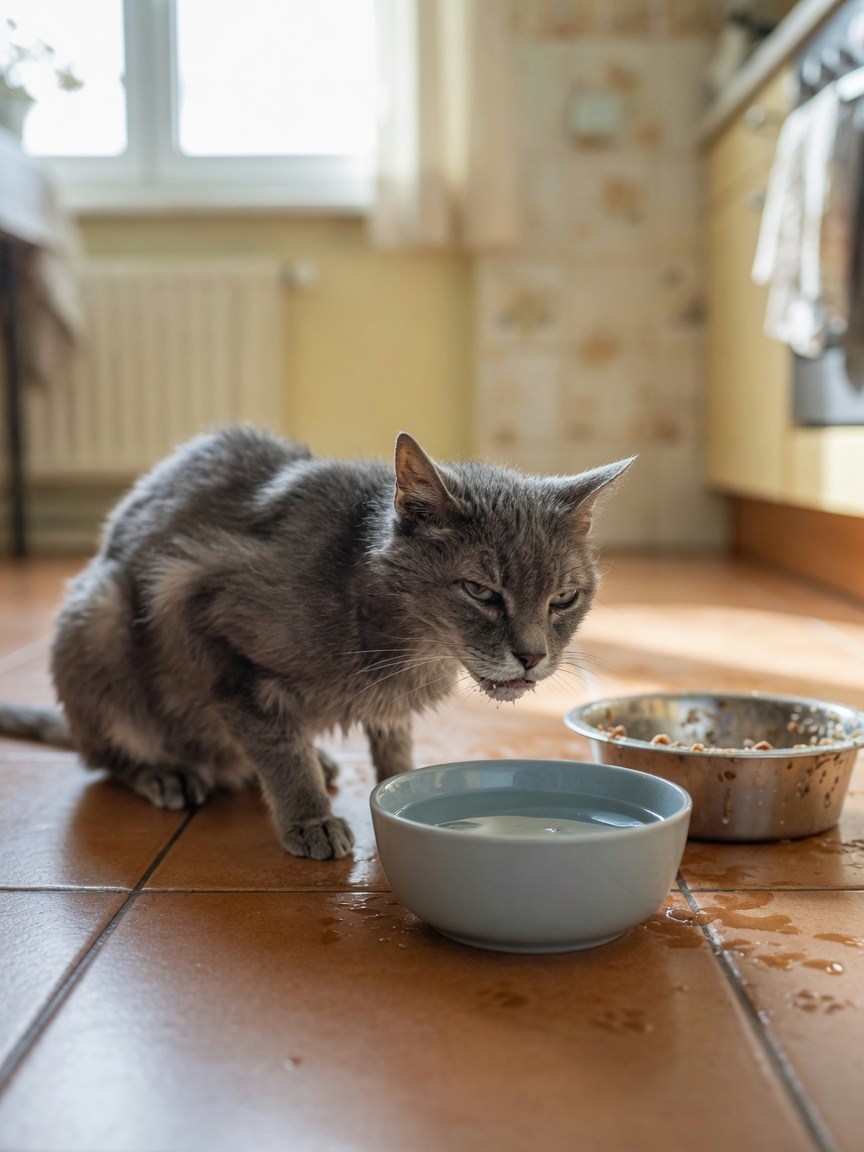 Ältere graue Katze trinkt widerwillig aus einer Wasserschüssel mit sichtbarer Nassfutterschüssel im verschwommenen Hintergrund, zeigt niedriges Durstgefühl und Hydratationsbedarf