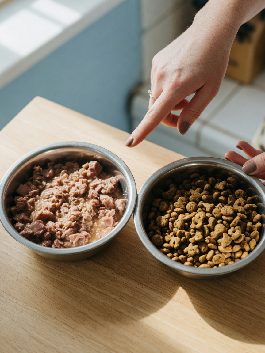 Seite-an-Seite-Vergleich von Nass- und Trockenfutter-Schüsseln mit unterschiedlicher Textur und Feuchtigkeitsgehalt, Hand zeigt ernährungsphysiologischen Kontrast