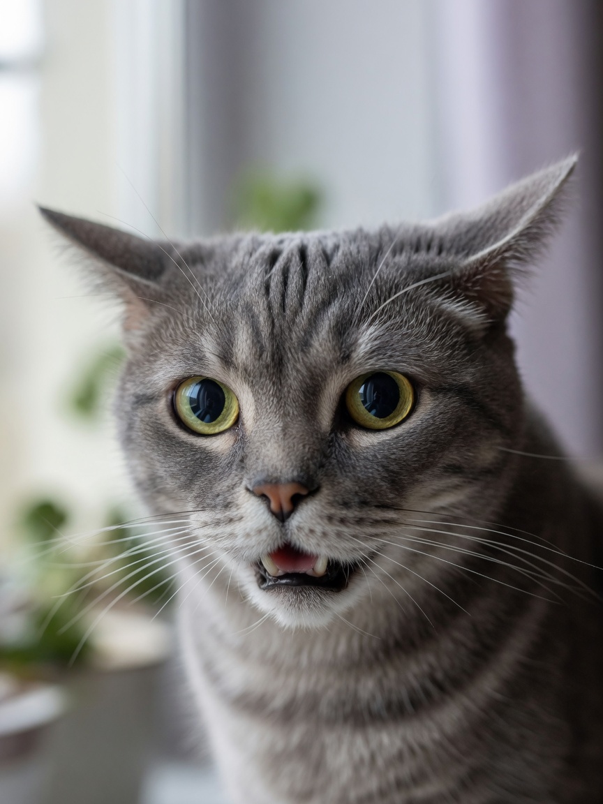 Close-up of stressed cat's face showing dilated pupils, flattened ears, and tense facial expression