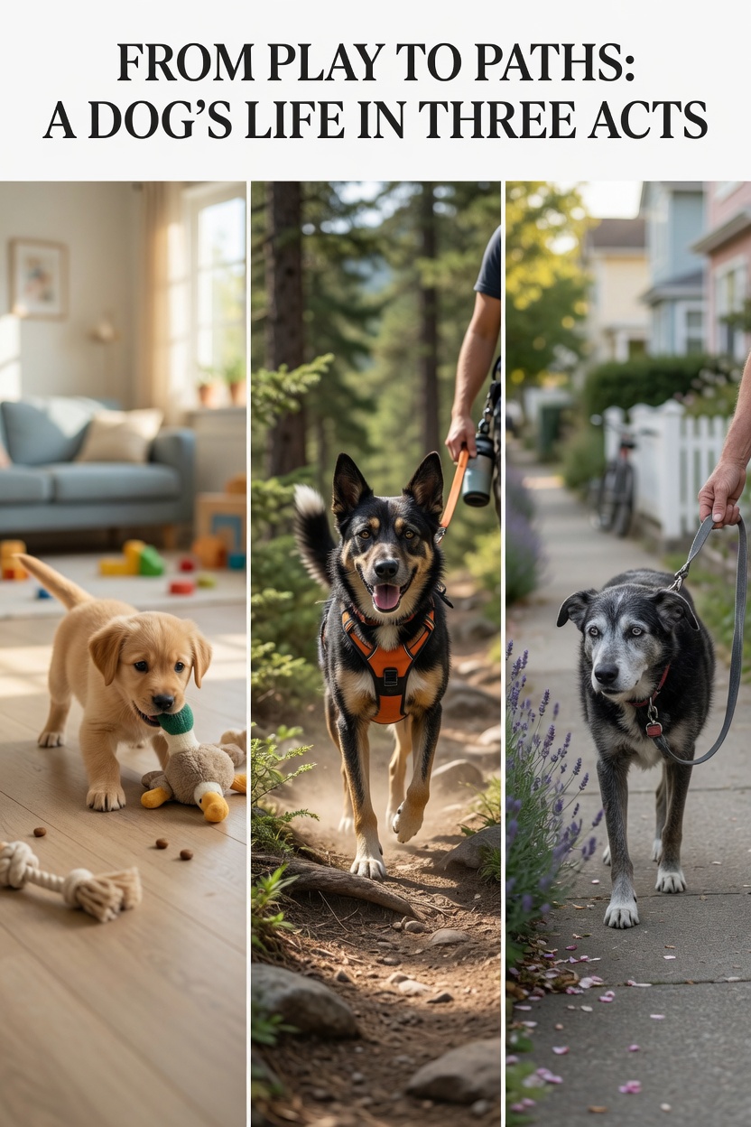 Tres perros en diferentes etapas de vida: un cachorro jugguetón en interiores, un perro joven adulto energético haciendo senderismo al aire libre, y un perro senior en un paseo suave por el barrio