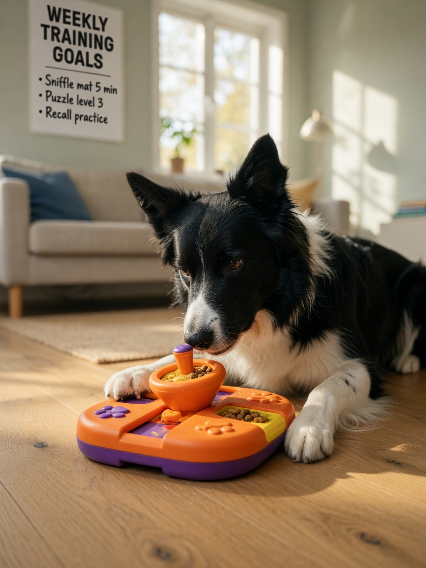 Un Border Collie concentrado en un juguete de puzzle en interiores, demostrando ejercicio de estimulación mental
