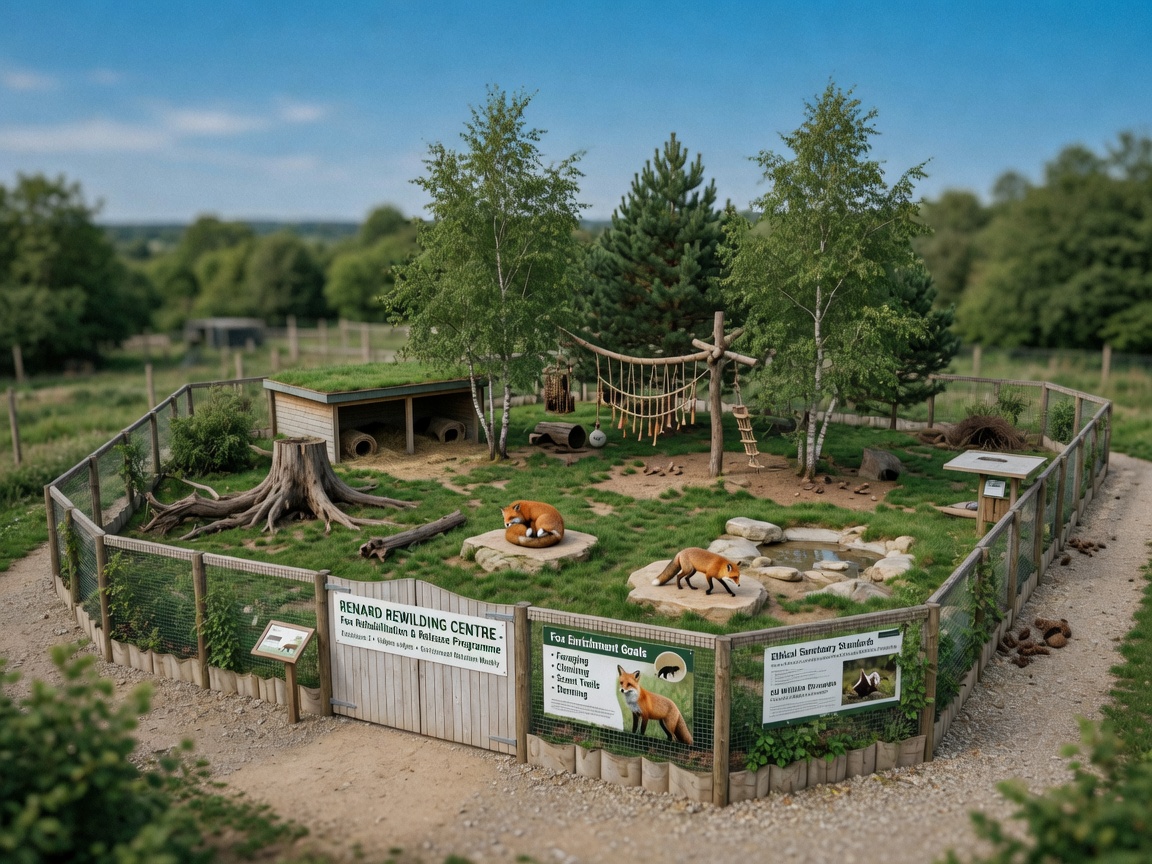 Wildlife sanctuary with multiple professional enclosures designed for fox rehabilitation and care