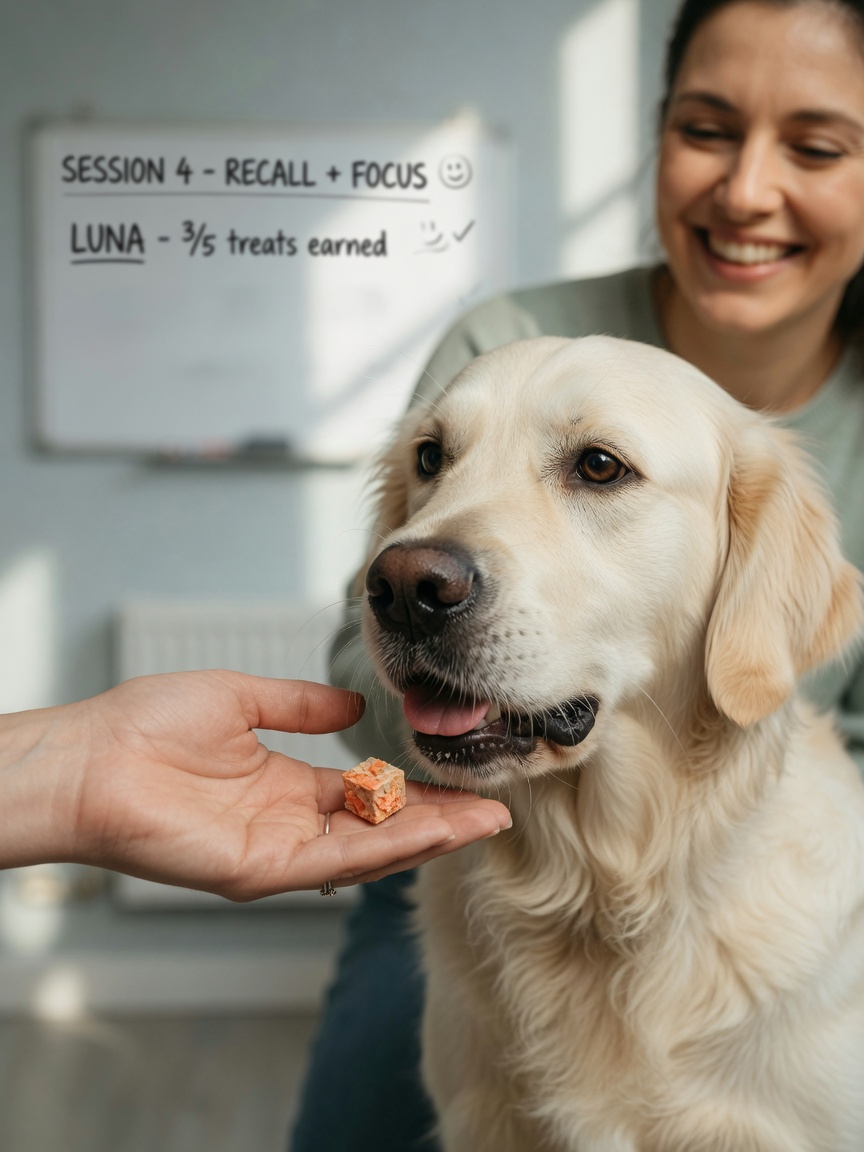 Close-up of a treat being offered to an excited dog during positive reinforcement training