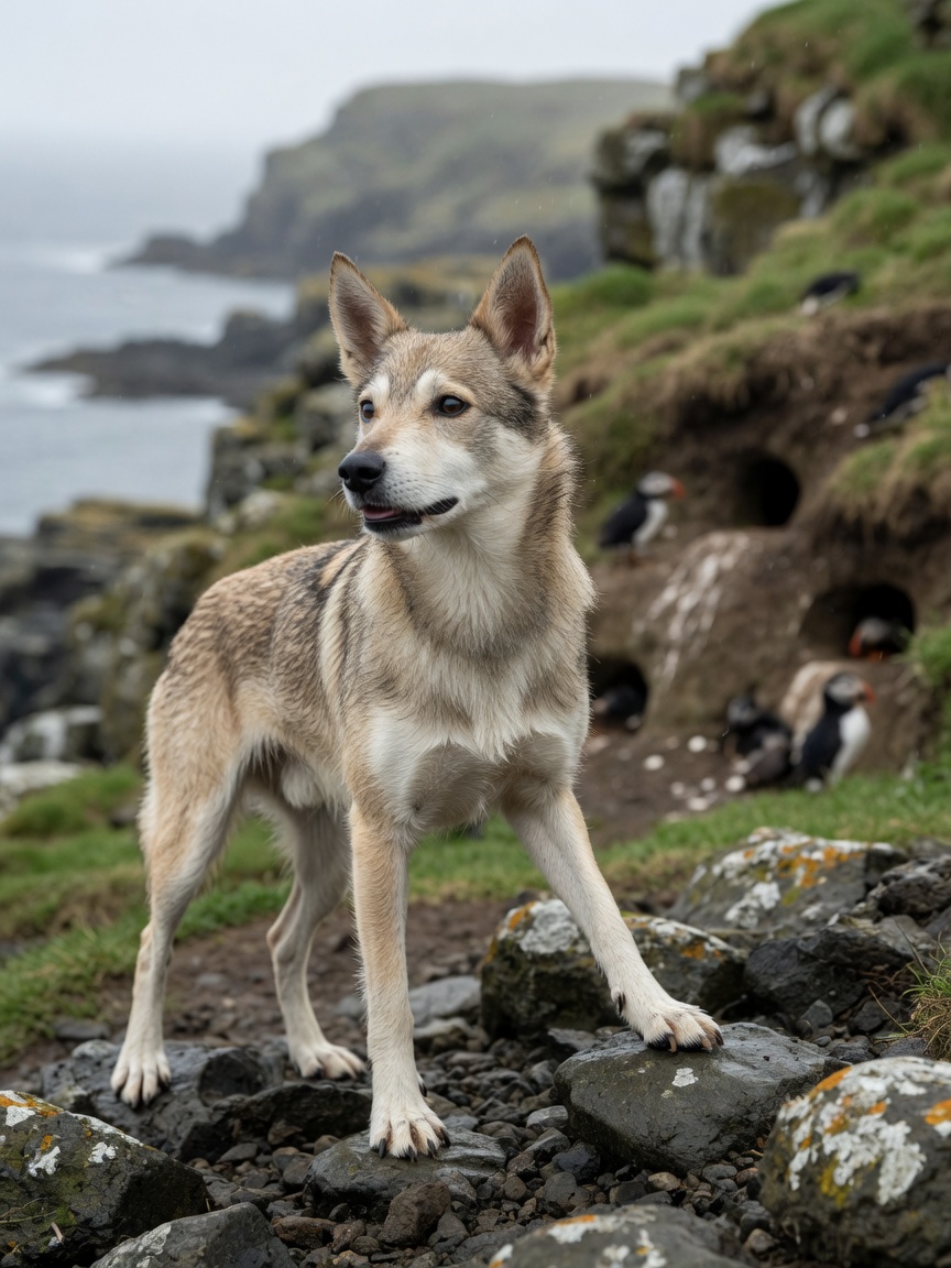 Norwegian Lundehund on rocky Nordic coastline showing breed's distinctive six-toed paws and alert demeanor in natural landscape
