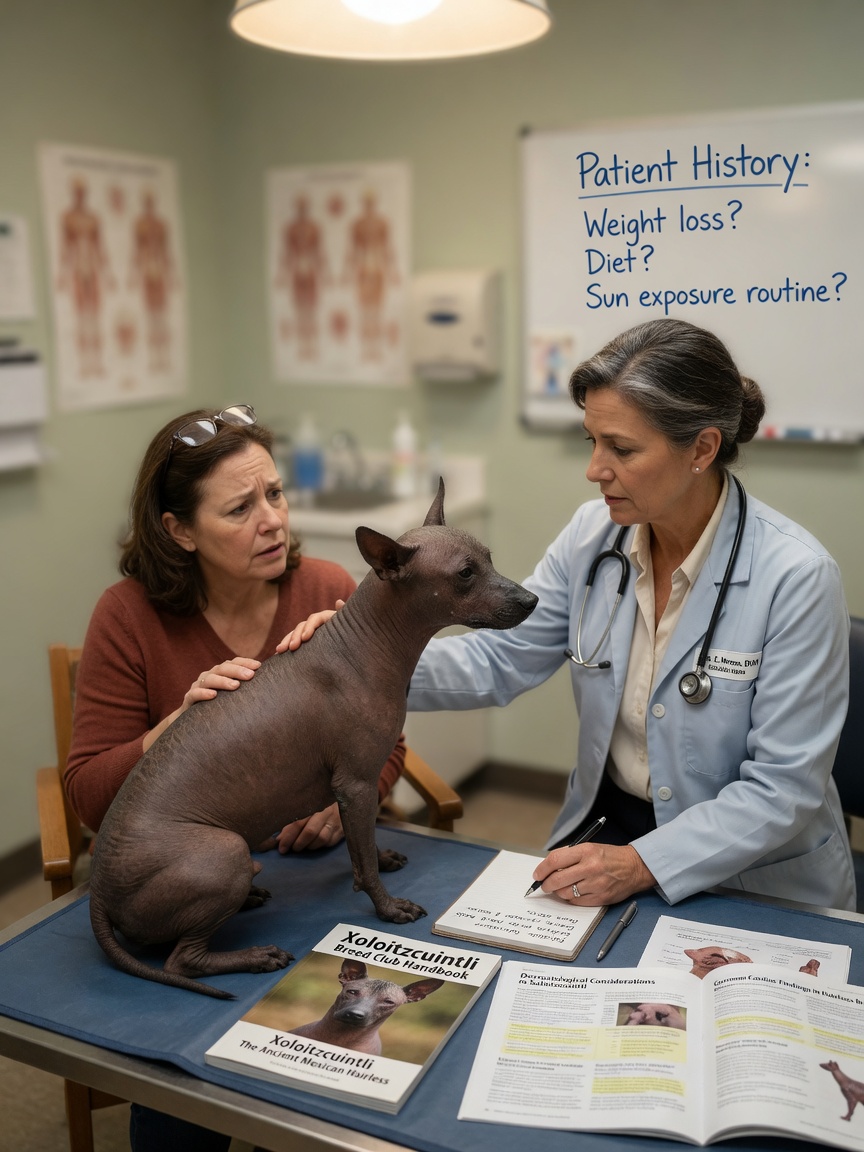 Veterinarian conducting health consultation with owner and rare breed dog during pre-adoption assessment
