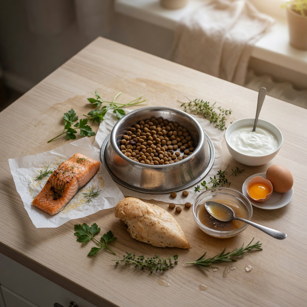 Overhead view of protein-rich dog food additions including chicken, salmon, yogurt, and broth arranged around a bowl of kibble