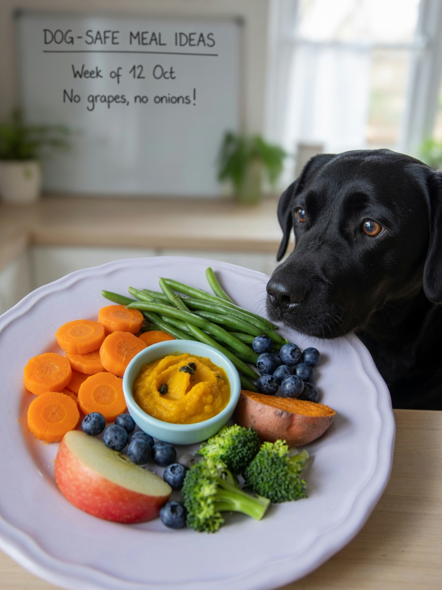 Black Labrador inspecting a plate of vet-approved vegetables and fruits including carrots, pumpkin, blueberries, and sweet potato