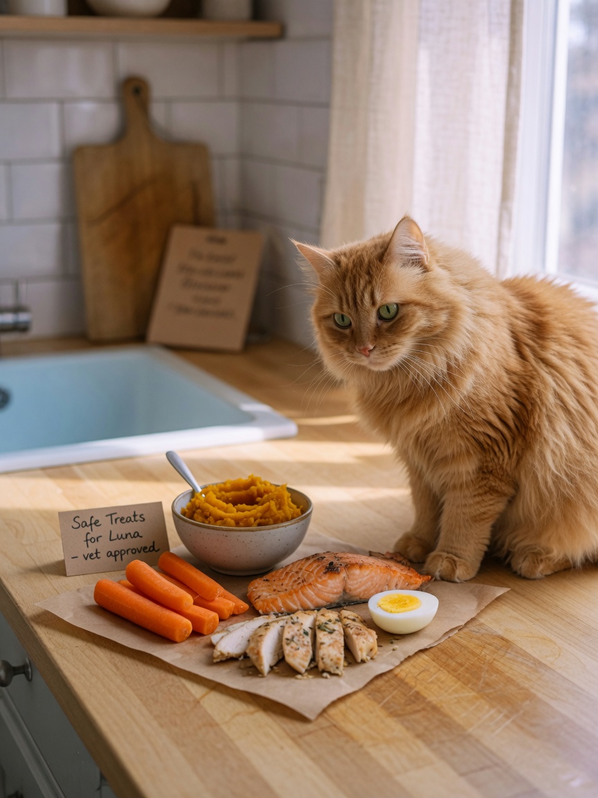 Arrangement of safe cat foods including cooked salmon, chicken, egg, carrots, and pumpkin with ginger cat nearby