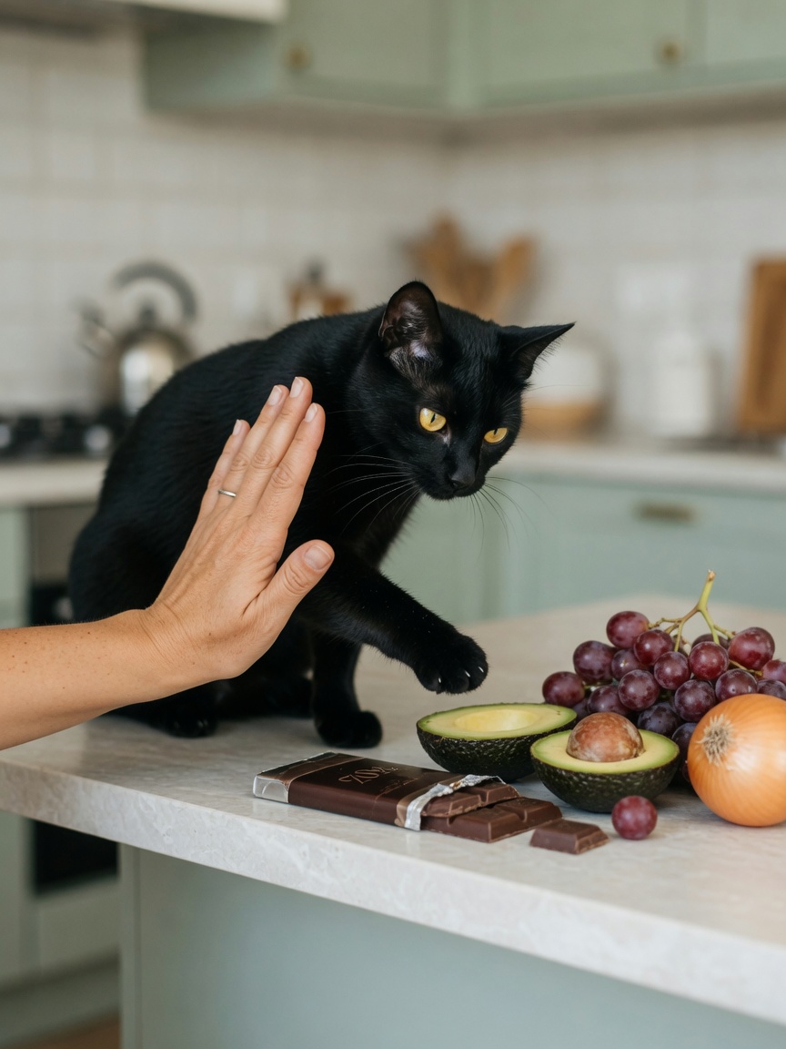 Cat being protected from toxic foods including chocolate, avocado, grapes, and onion by owner's hand barrier