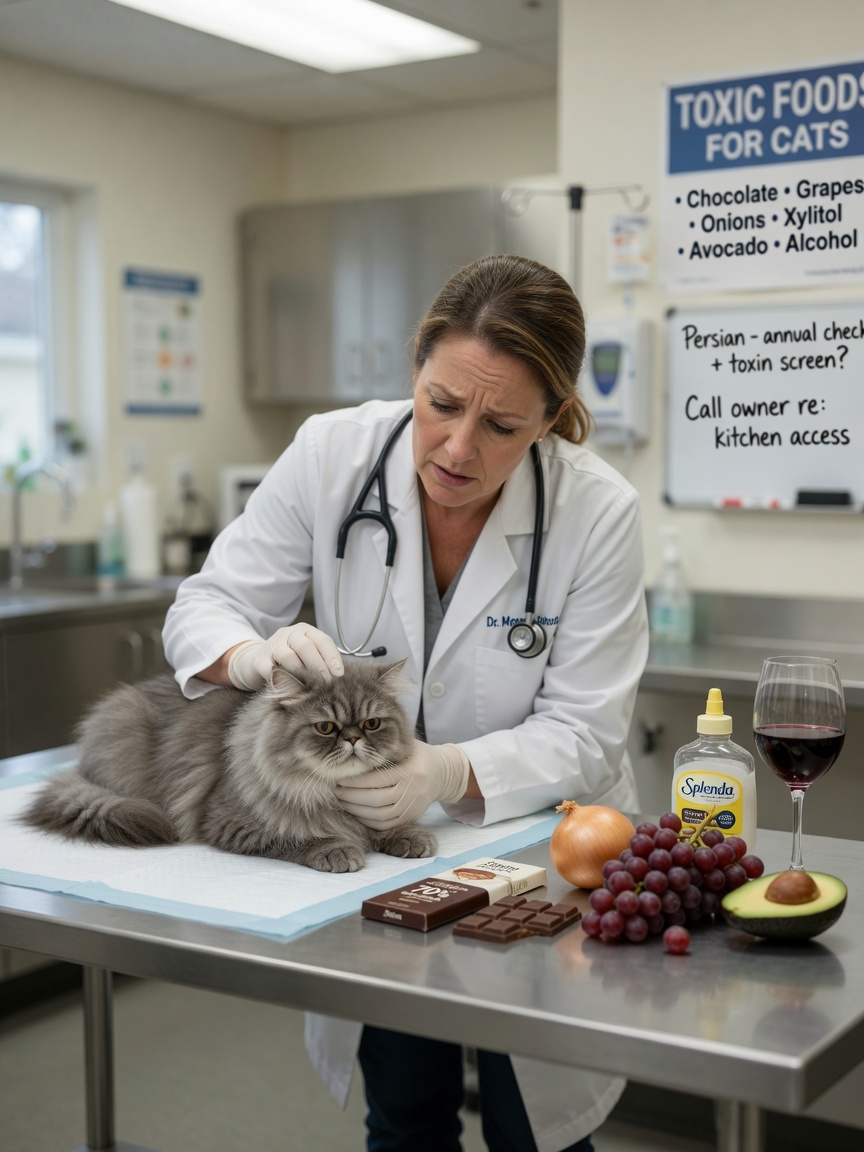 Veterinarian examining a cat with toxic foods displayed on clinic counter including chocolate, onion, grapes, avocado, and wine
