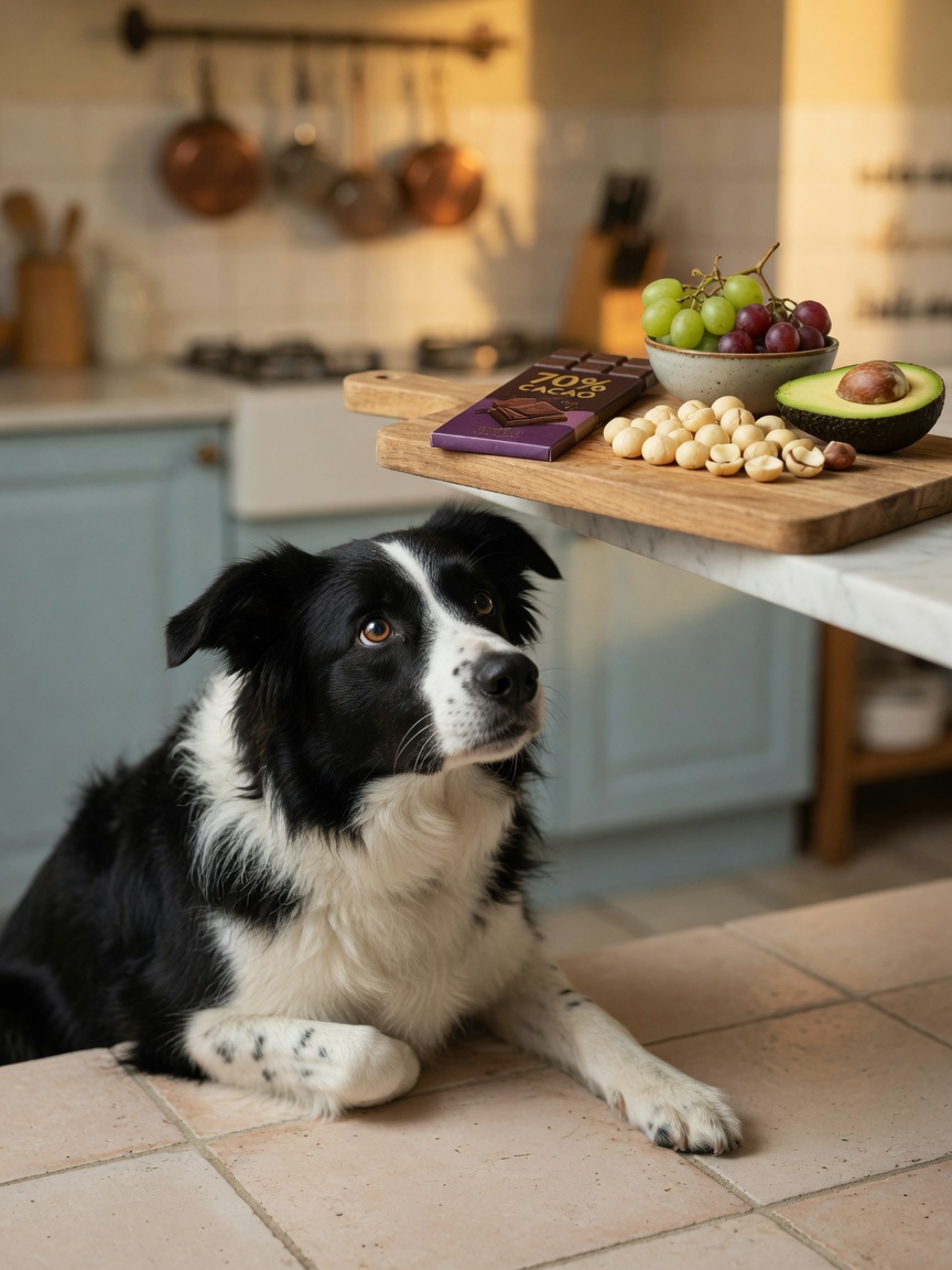 Hund schaut auf verbotene Lebensmittel auf der Theke einschließlich Schokolade, Trauben, Macadamianüsse und Avocado