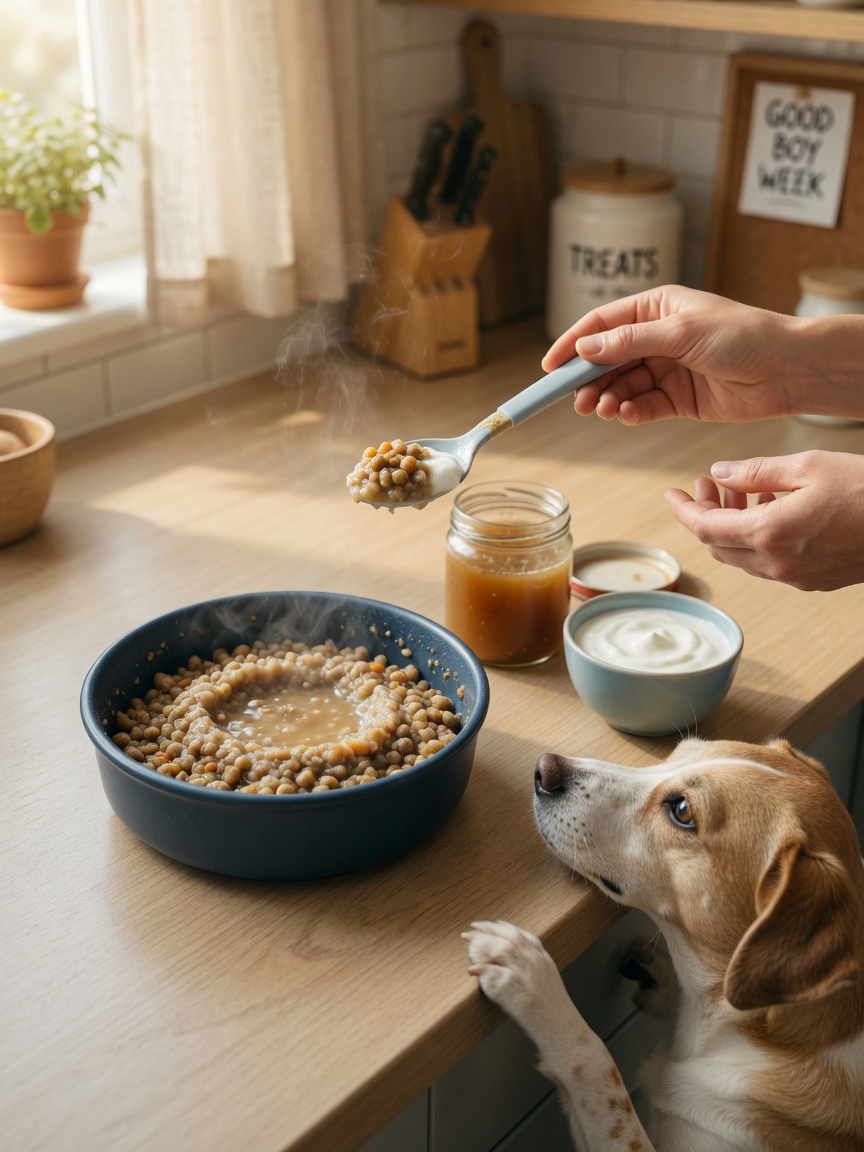 Dog being offered soft, moistened food from a spoon with bone broth and yogurt nearby