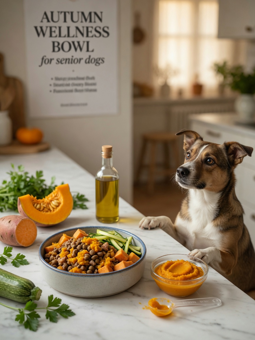 Dog food bowl with pumpkin puree, sweet potato, and courgette, showing dietary fiber solutions for constipation