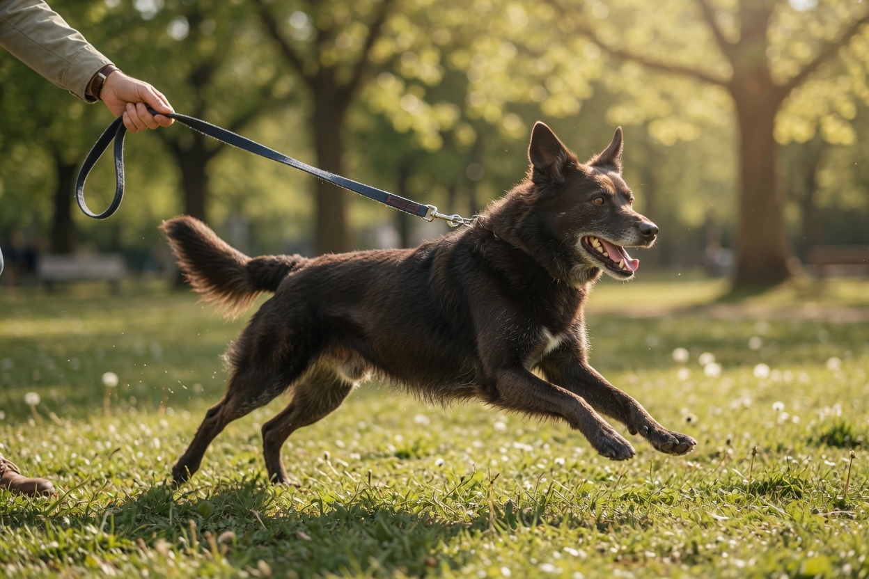 A dog running energetically in a park during exercise, demonstrating physical activity for digestive health