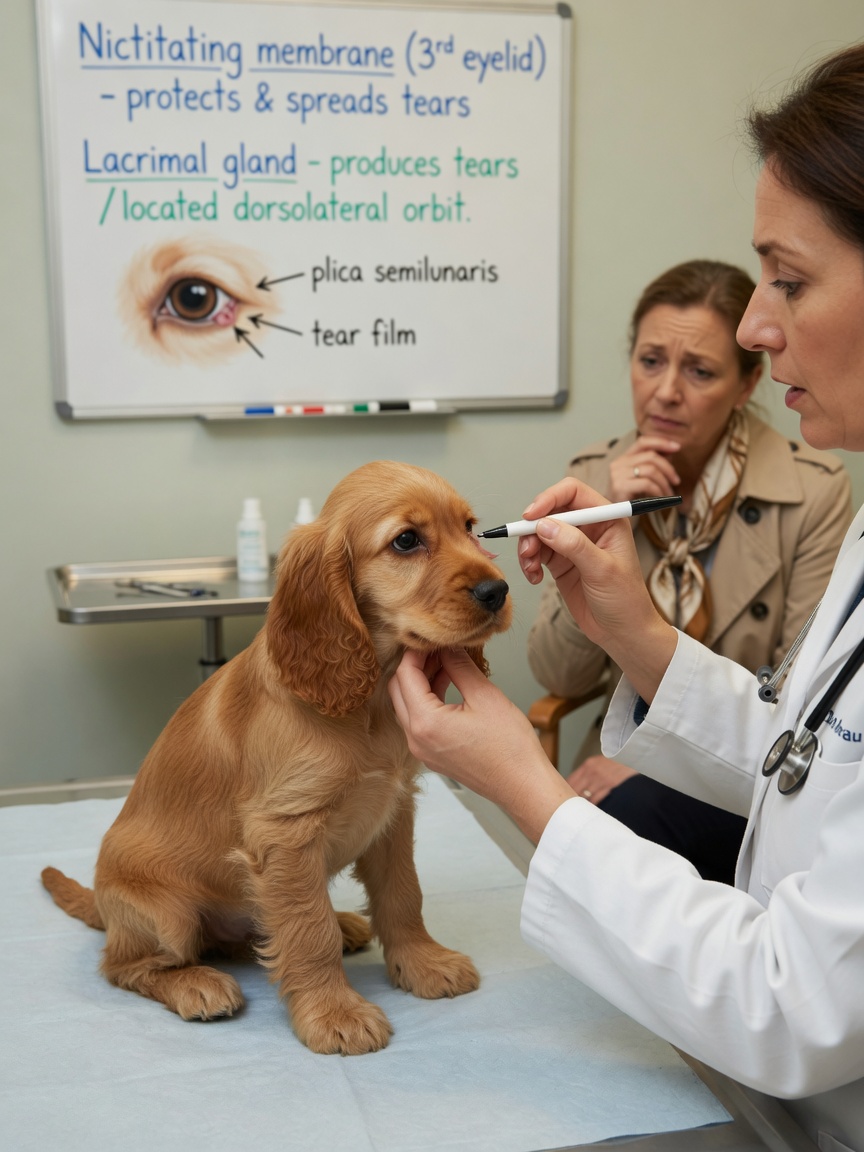Veterinarian explaining cherry eye anatomy to Cocker Spaniel puppy owner during clinic consultation