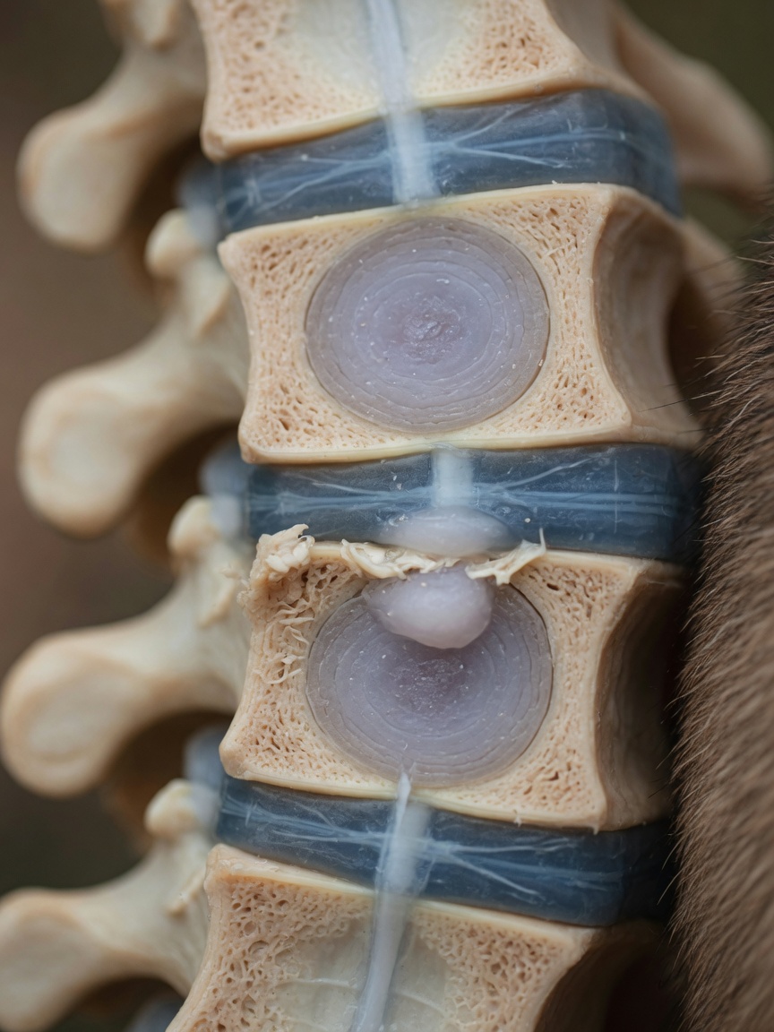 Close-up anatomical visualization of intervertebral discs showing healthy disc structure and early degeneration