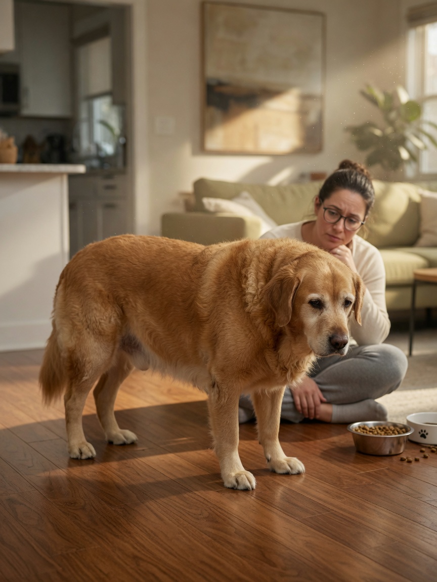 Overweight dog in home environment with owner, illustrating obesity as risk factor for spinal disease