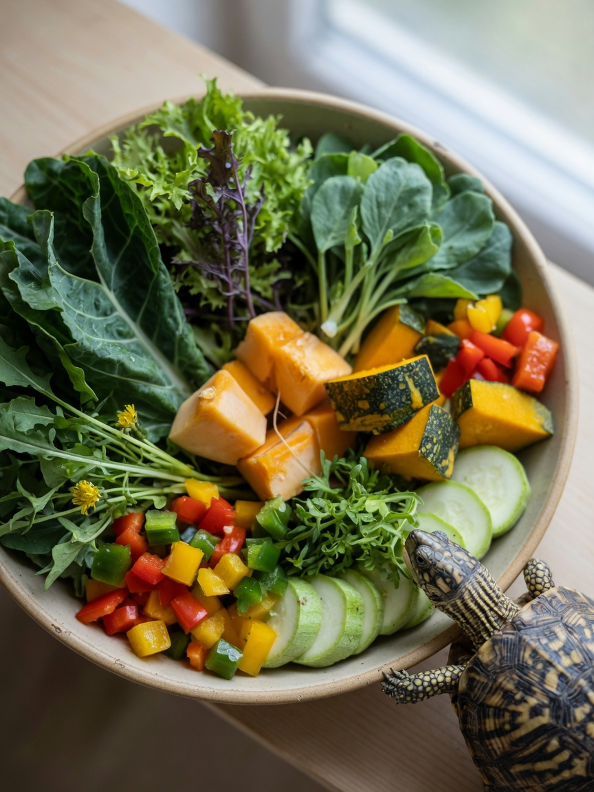 Fresh vegetables including leafy greens, squash, peppers, and courgettes arranged in a feeding dish with a box turtle reaching toward them.