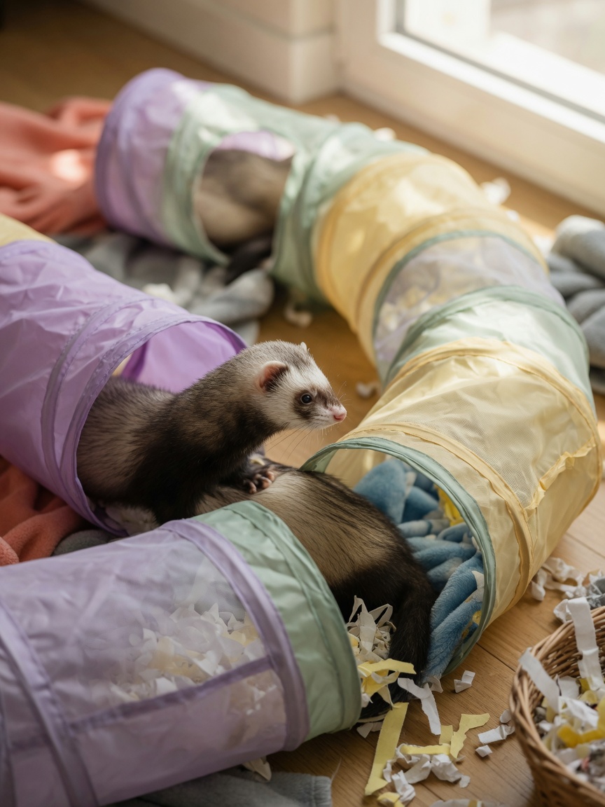 A ferret with cream and brown markings exploring inside interconnected fabric tunnels and burrows filled with shredded paper