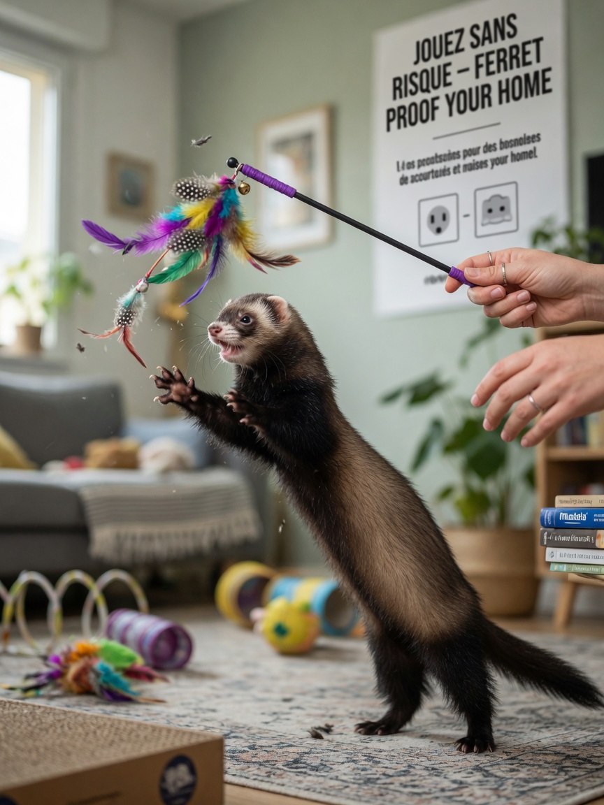 A sable ferret pouncing on a feathered wand toy being held by human hands, demonstrating natural hunting instincts
