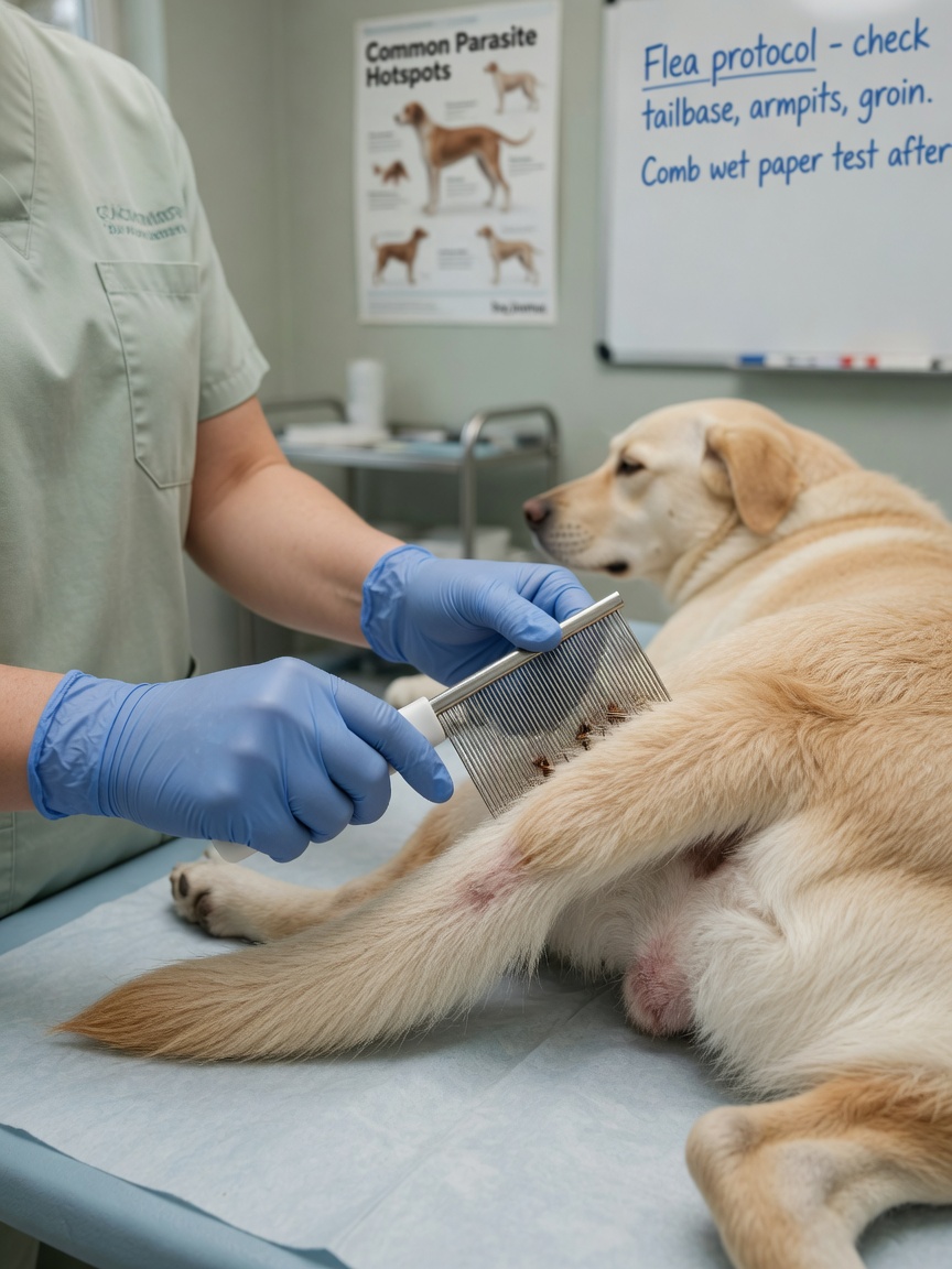 Veterinarian using a fine-toothed flea comb on a dog's tail base area during examination