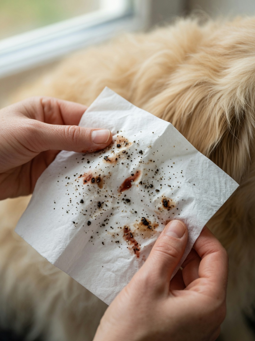 Flea dirt specks on white tissue turning reddish-brown when dampened, confirming infestation