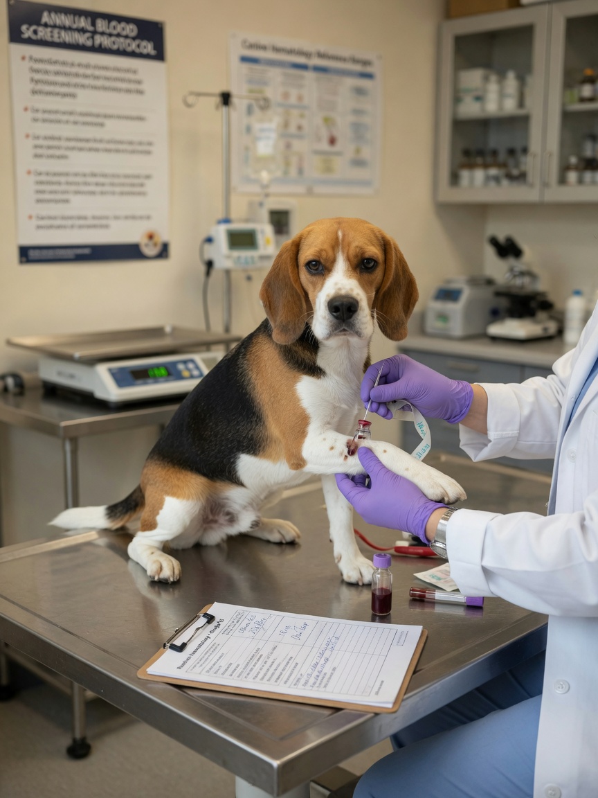 Veterinarian taking blood sample from beagle during feeding trial in clinical laboratory setting