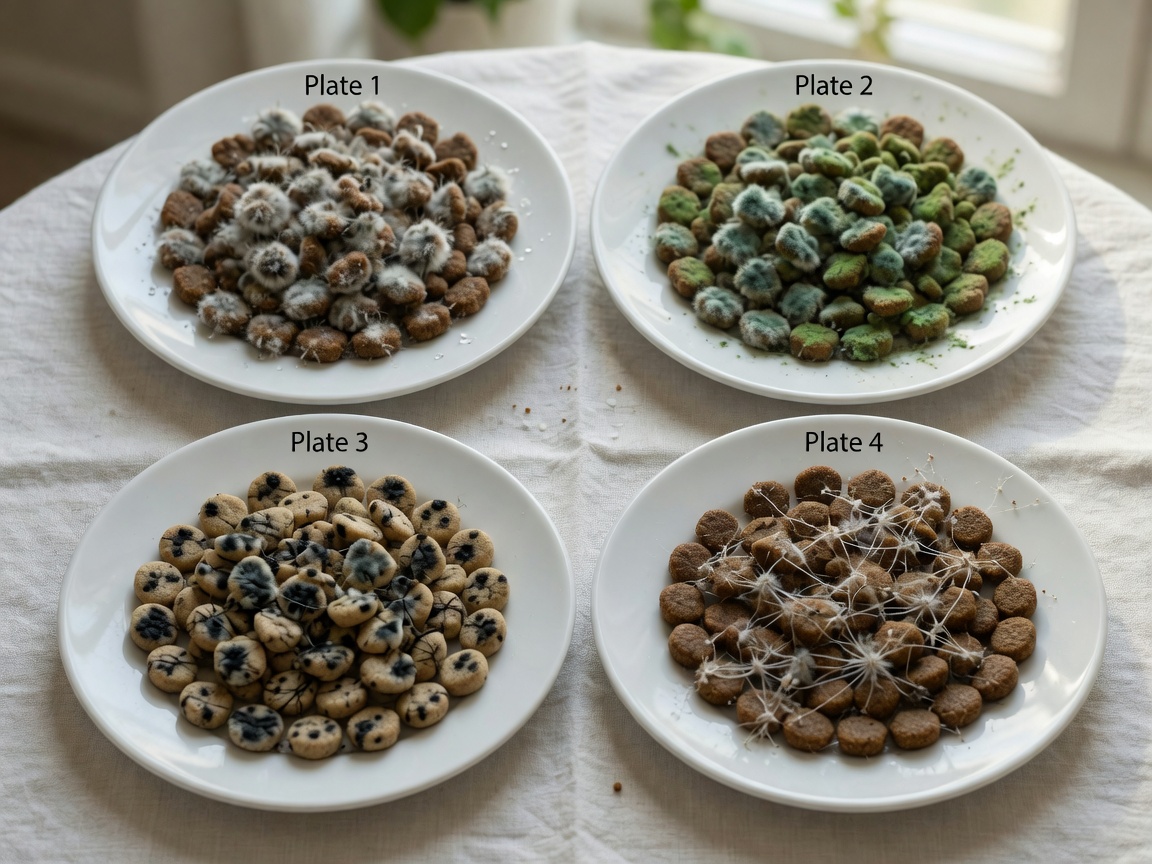 Four examples of moldy dog food showing different types of mold contamination including white fuzz, green discoloration, black spots, and web-like fungal growth