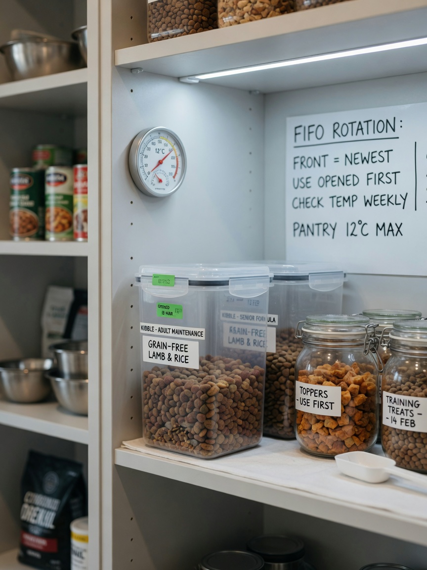 Organized pantry shelf with airtight containers storing dog food at proper temperature and humidity levels for mold prevention