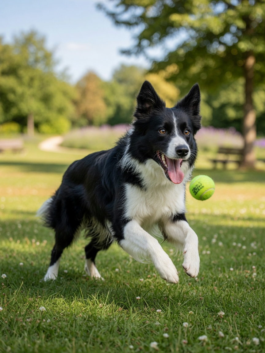 Un Border Collie saltando durante una carrera en un parque herboso con una pelota de tenis durante el juego al aire libre activo