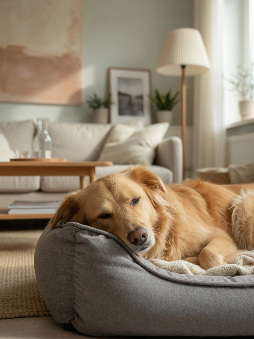 Un perro descansando pacíficamente en una cómoda cama para perros en una esquina tranquila y bien iluminada del hogar, expresando contentamiento y seguridad