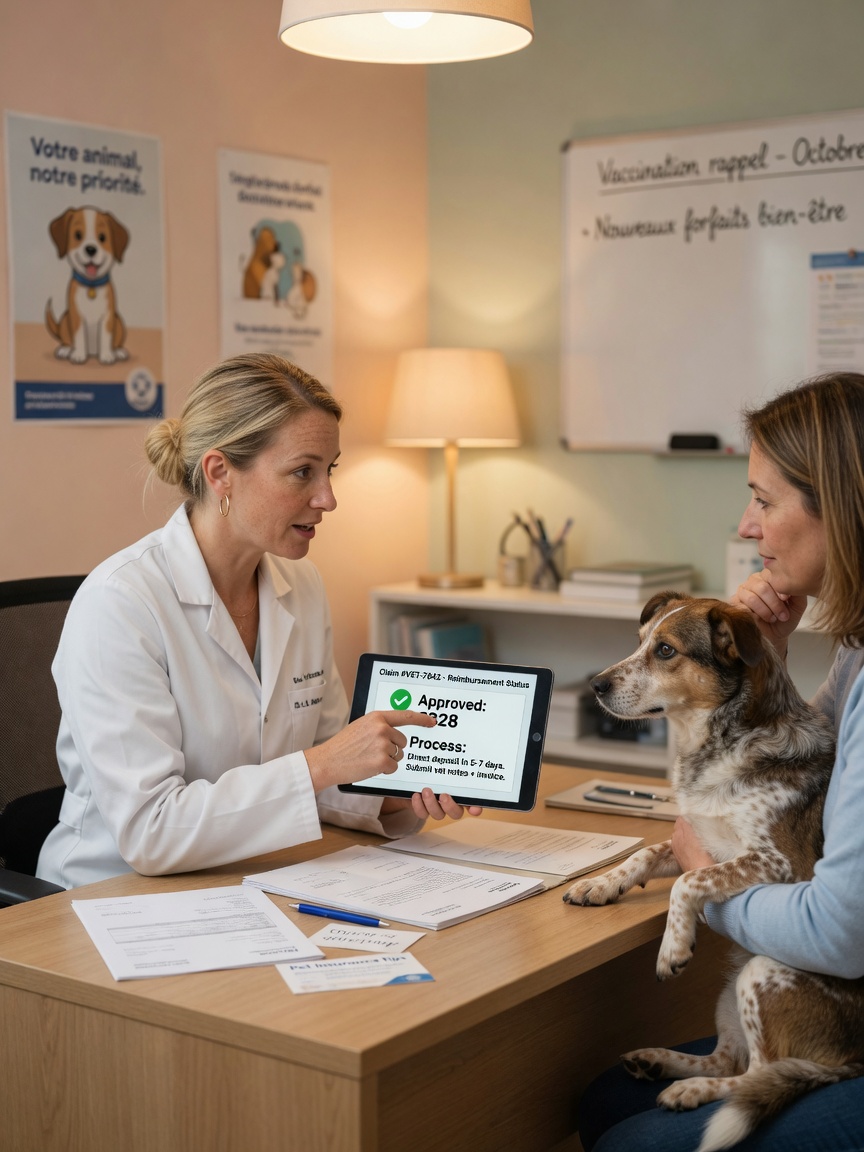 Veterinarian explaining pet insurance coverage and reimbursement process to a dog owner
