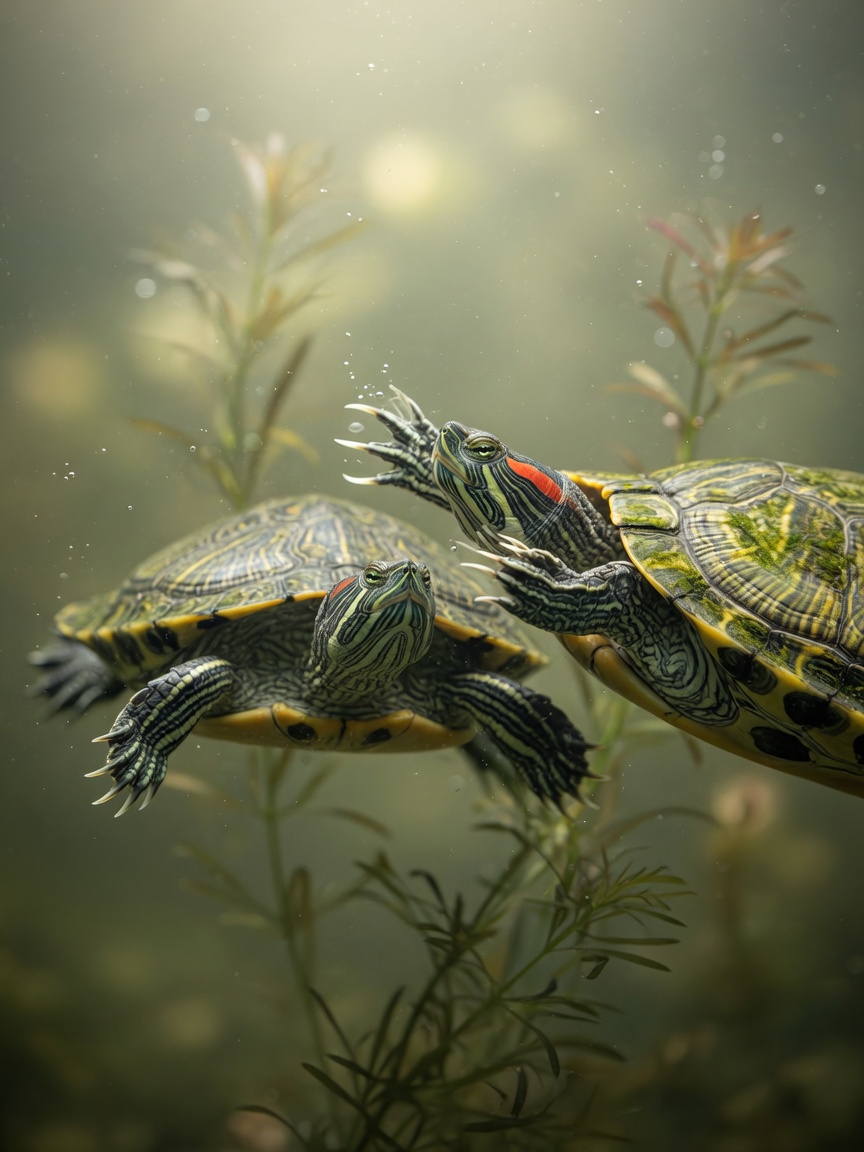 Male red-eared slider performing courtship display with claw fluttering toward female