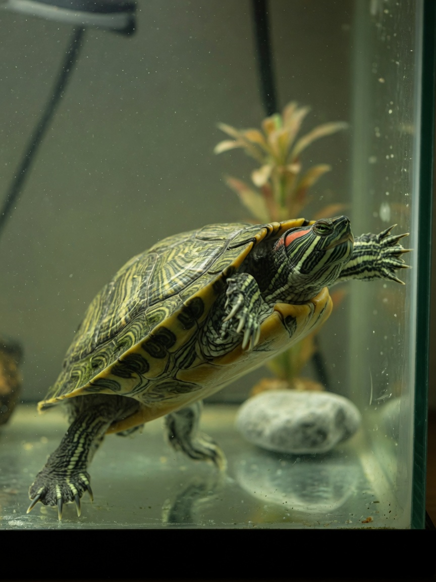 Stressed red-eared slider turtle exhibiting frantic claw fluttering against tank glass in inadequate enclosure