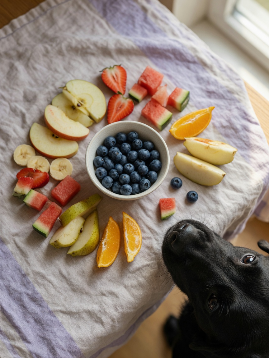 Arrangement of safe dog fruits with a Labrador's face in frame