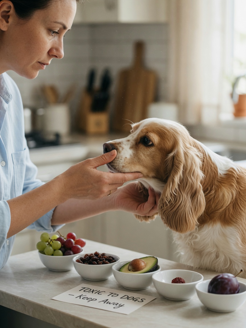 Pet owner protecting dog from toxic fruits on kitchen counter