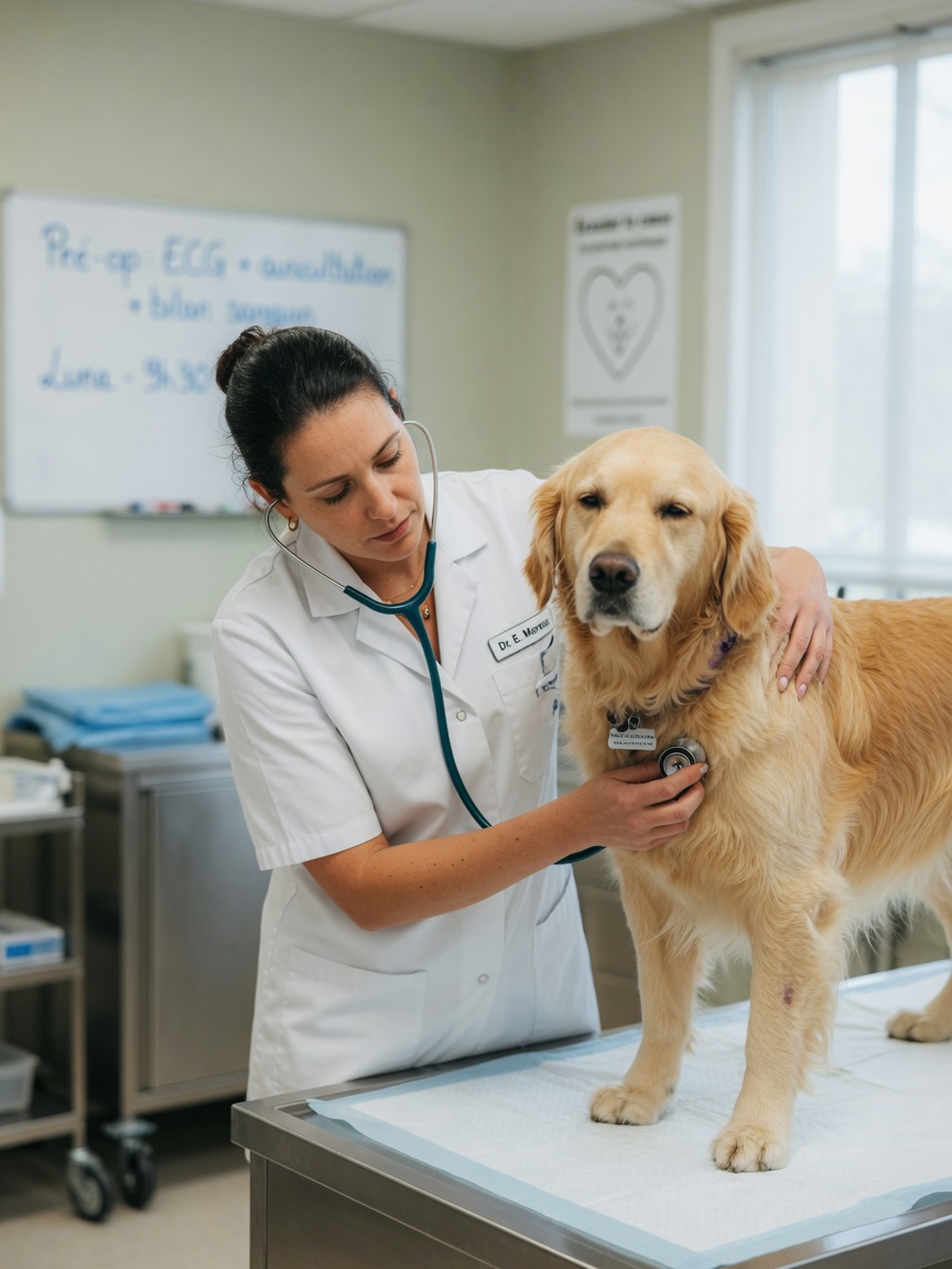 Veterinarian performing a pre-operative health check with a stethoscope on a dog before spay surgery