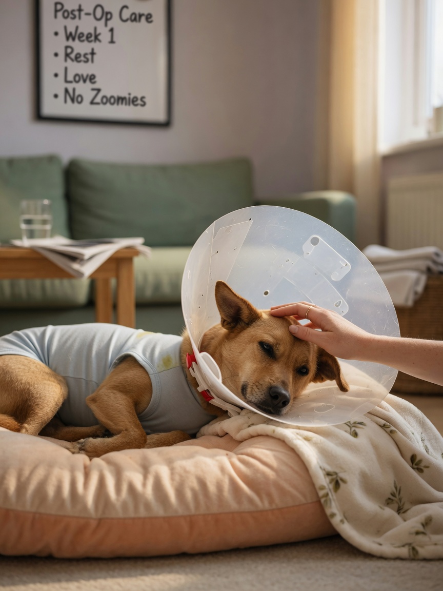 Dog recovering at home wearing an Elizabethan collar with owner's hand providing comfort during post-operative recovery