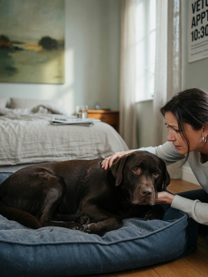 Lethargic dog lying on bed showing drowsiness symptoms while owner observes with concern