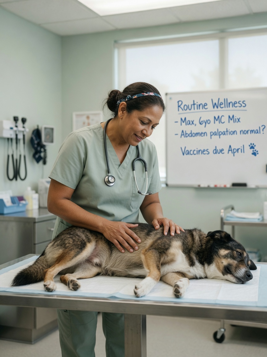 Veterinarian performing physical examination of dog during post-incident check-up