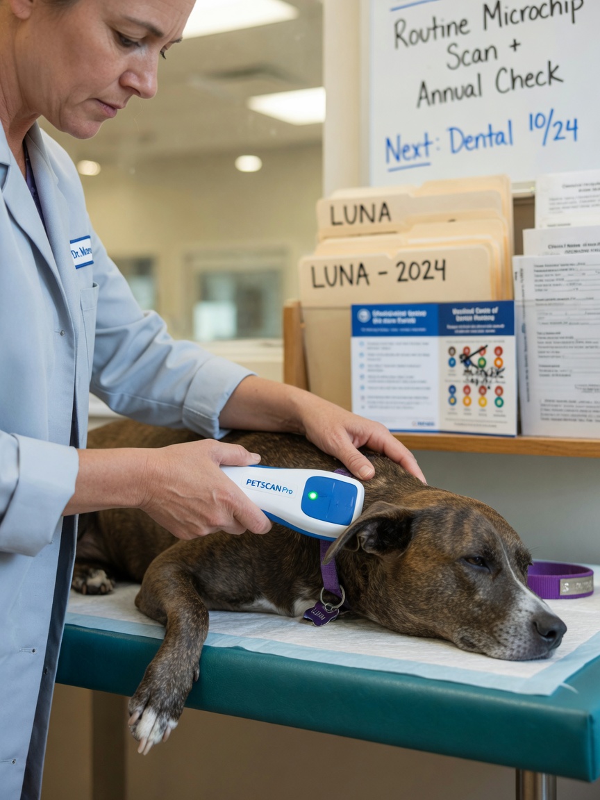 Veterinarian scanning a dog's microchip with medical records visible in the background