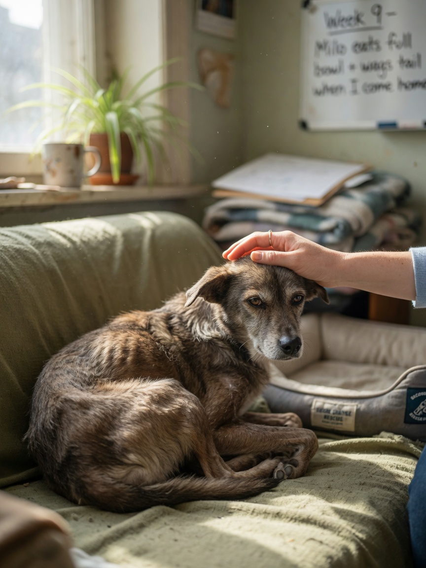 Rescued dog receiving gentle hand from foster carer, showing trust and healing bond during recovery