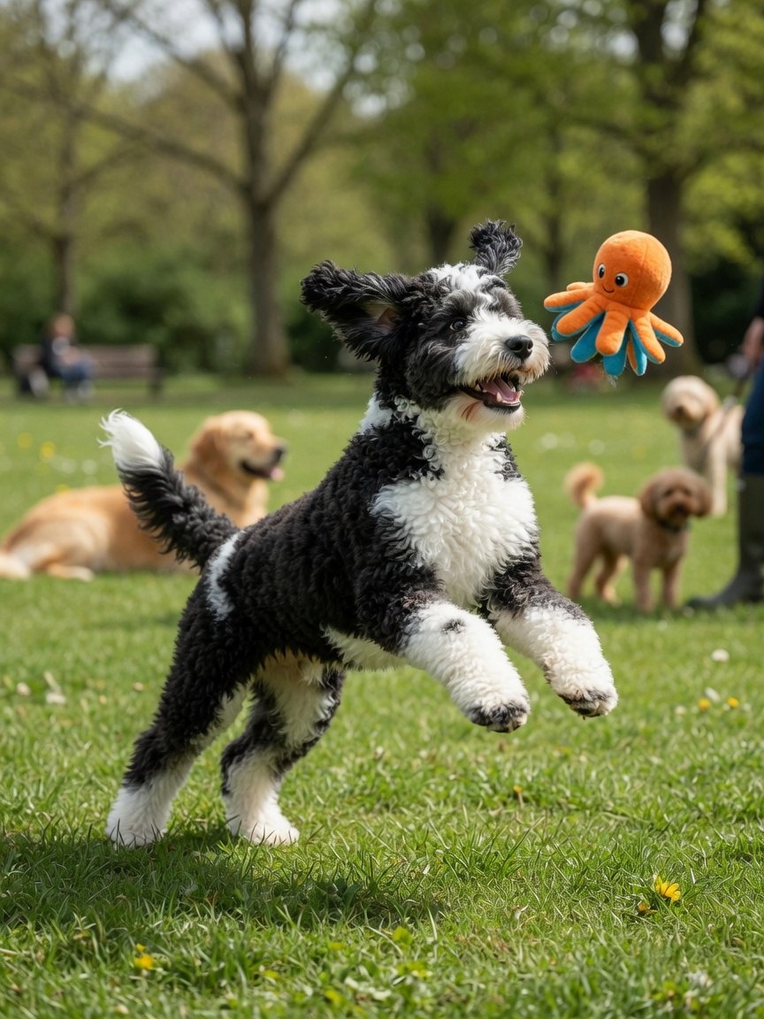 Mini Sheepadoodle with black and white coat leaping during an energetic fetch game in a sunny park