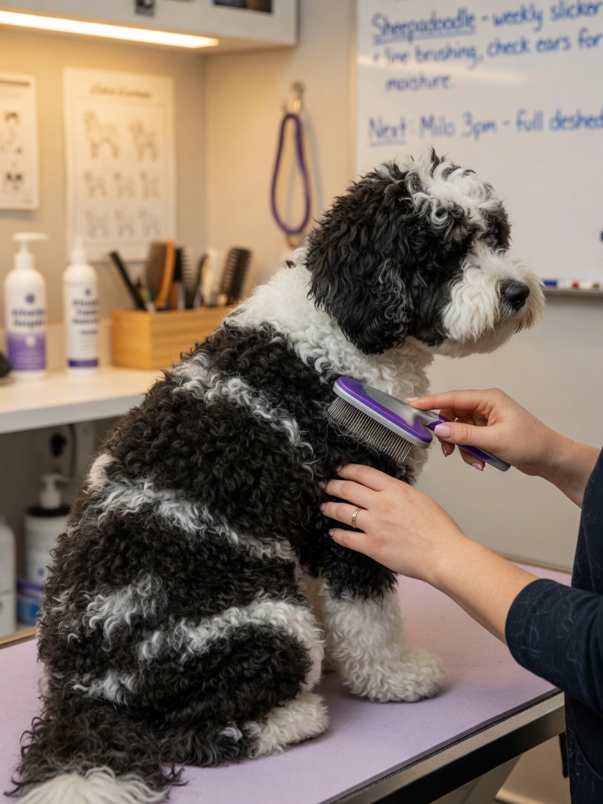 Professional groomer brushing a Mini Sheepadoodle's black and white curly coat during a grooming session