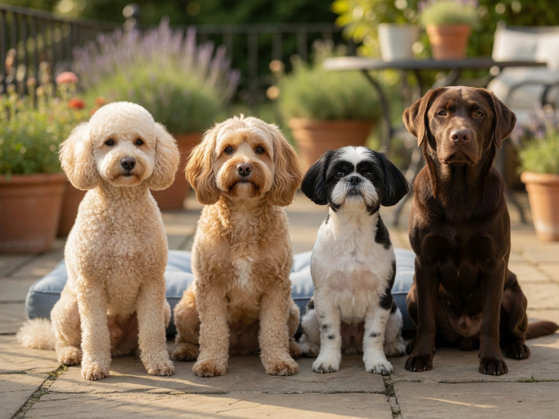 Four different dog breeds with freshly groomed puppy cuts sitting together on a sunny patio