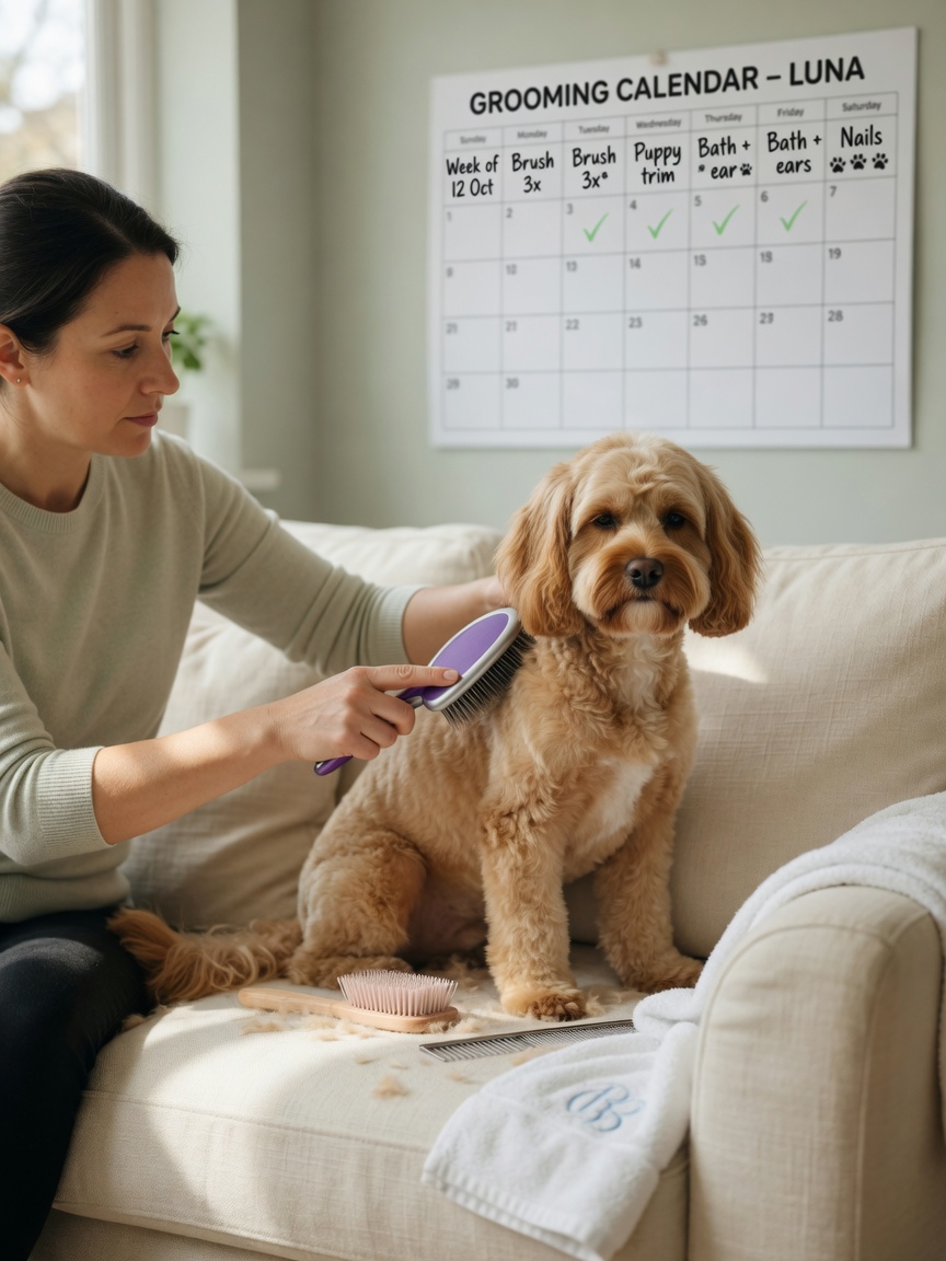 Woman at home regularly brushing her Cockapoo's short puppy cut coat on a living room couch