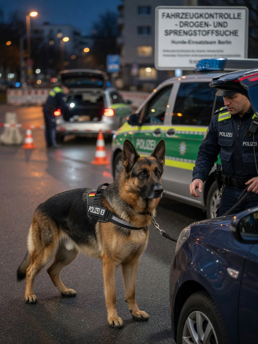 A German Shepherd police dog with tan and black coat working attentively alongside a uniformed handler at an urban checkpoint