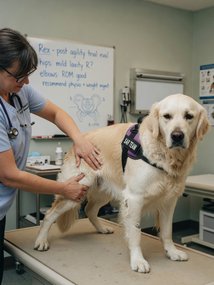 A veterinarian carefully examining a Golden Retriever's hip and joint health during a routine preventative care assessment