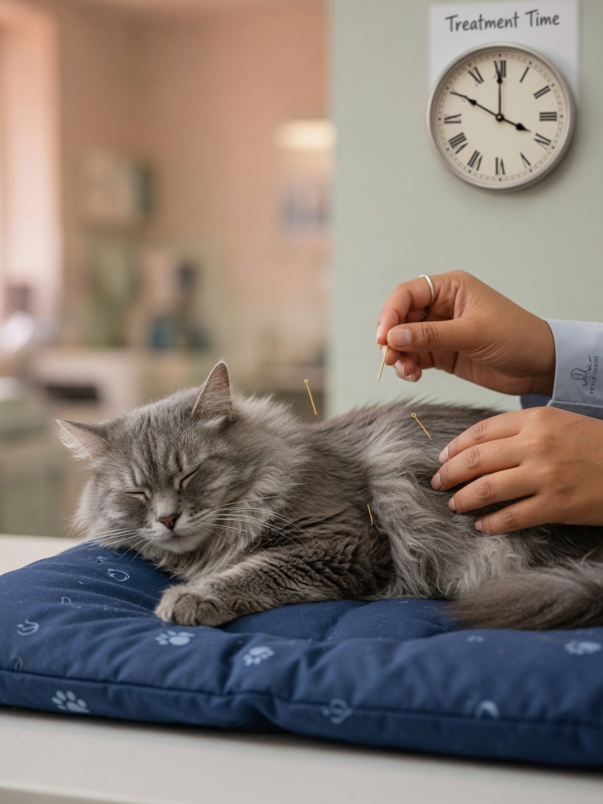 Senior cat peacefully resting with acupuncture needles in place during a treatment session