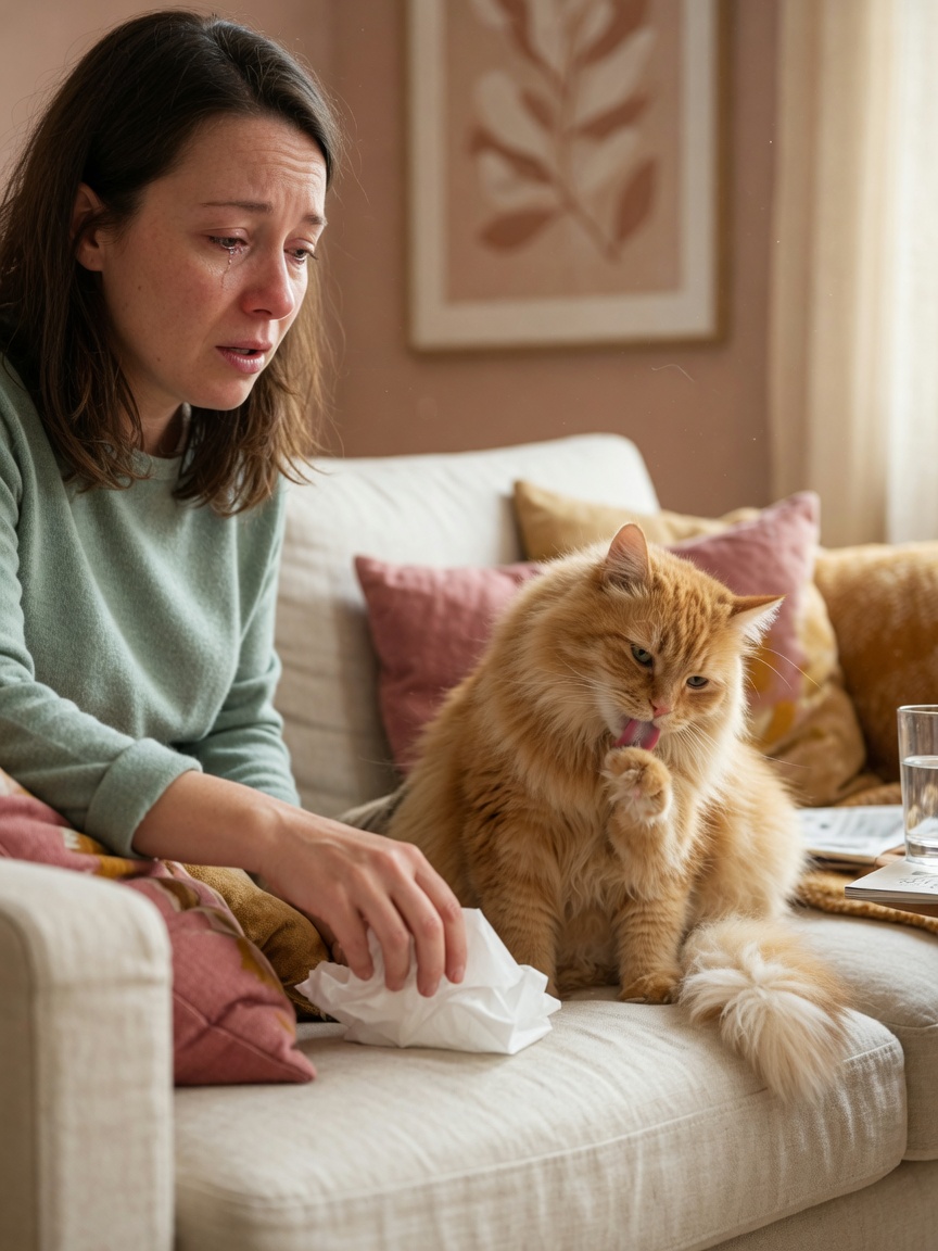 Person experiencing allergy symptoms sitting near a cat that is grooming itself